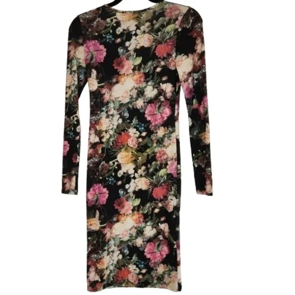Forever 21 Black Floral Bodycon Fit Dress Size S Long Sleeve Stretch Slinky Feel - Picture 3 of 9